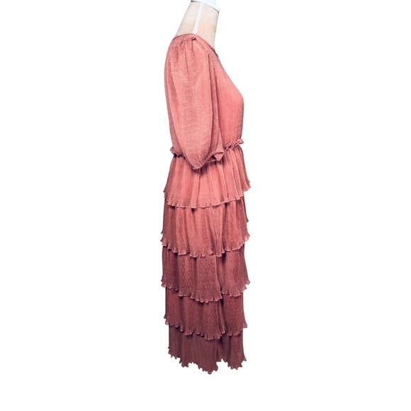 English Factory Pleated Tiered Midi Dress Mauve Puff Sleeve Ruffle Sz M Peasant - Picture 7 of 16
